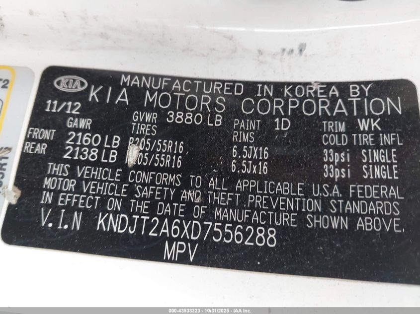 2013 Kia Soul + VIN: KNDJT2A6XD7556288 Lot: 43533323