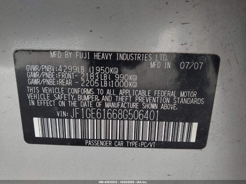 2008 Subaru Impreza 2.5I VIN: JF1GE61668G506401 Lot: 43533333
