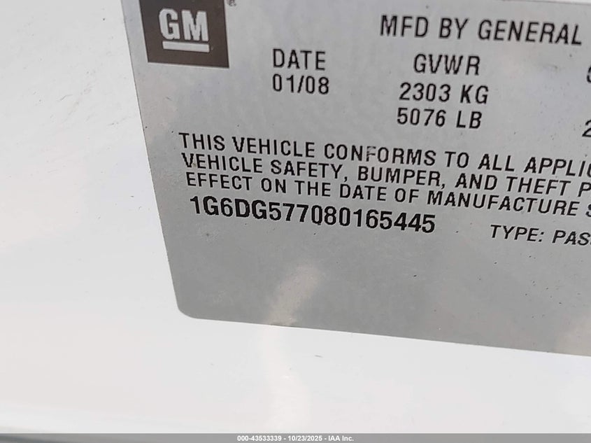 2008 Cadillac Cts Standard VIN: 1G6DG577080165445 Lot: 43533339