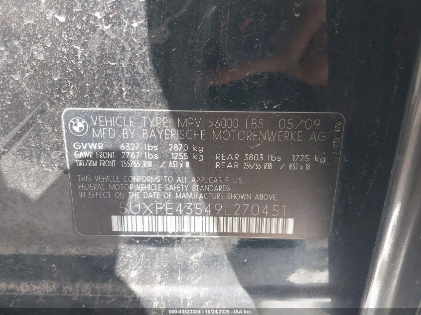 2009 BMW X5 xDrive30I VIN: 5UXFE43549L270451 Lot: 43533384