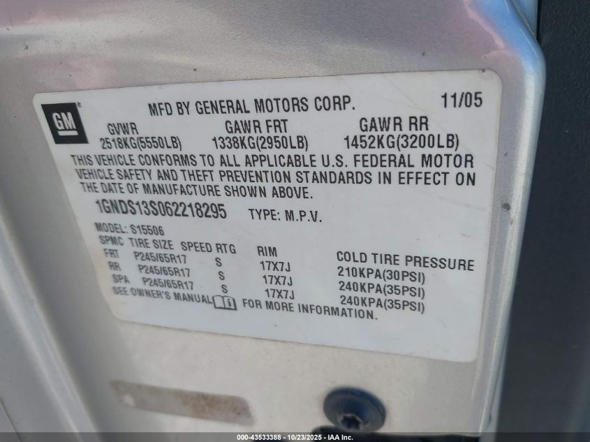 2006 Chevrolet Trailblazer Lt VIN: 1GNDS13S062218295 Lot: 43533388