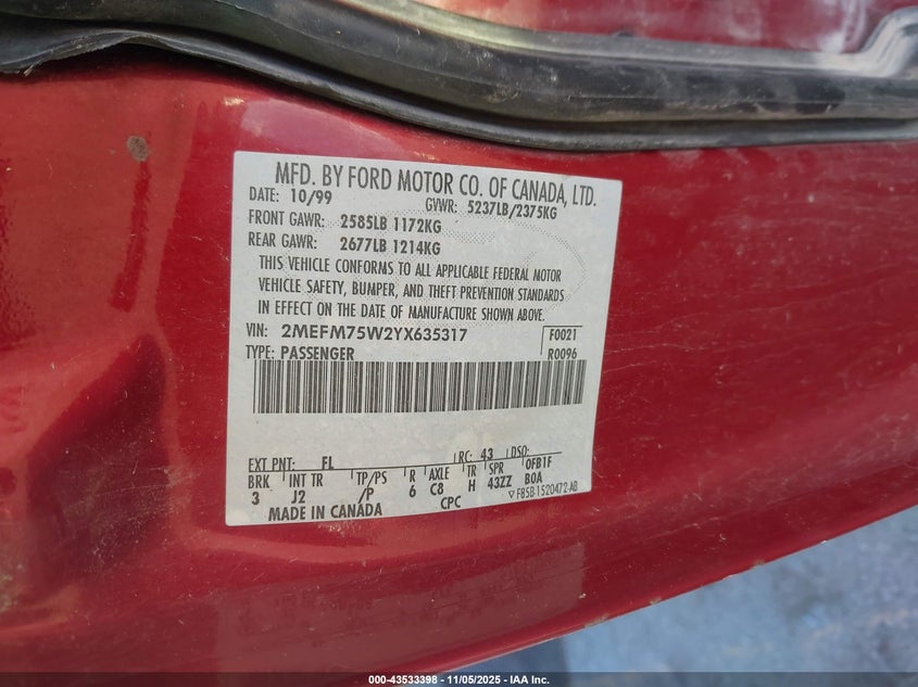 2000 Mercury Grand Marquis Ls VIN: 2MEFM75W2YX635317 Lot: 43533398
