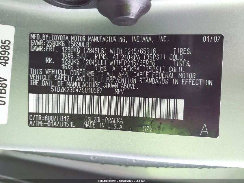 2007 Toyota Sienna Ce VIN: 5TDZK23C47S010587 Lot: 43533395