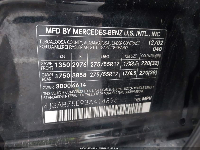 2003 Mercedes-Benz Ml 500 VIN: 4JGAB75E93A414898 Lot: 43533418