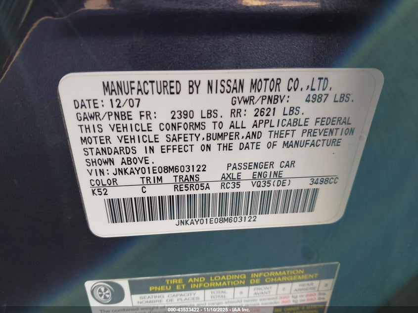 2008 Infiniti M35 VIN: JNKAY01E08M603122 Lot: 43533422