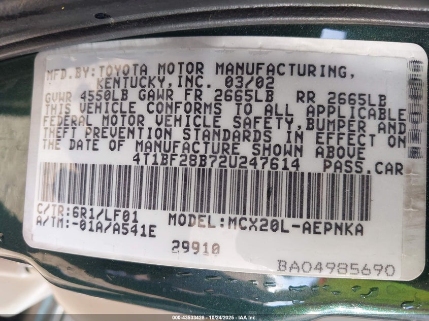 2002 Toyota Avalon Xl VIN: 4T1BF28B72U247614 Lot: 43533428