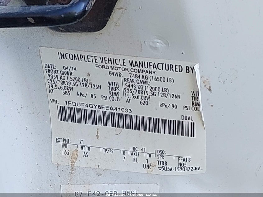 2015 Ford F-450 Chassis Xl VIN: 1FDUF4GY6FEA41033 Lot: 43533495