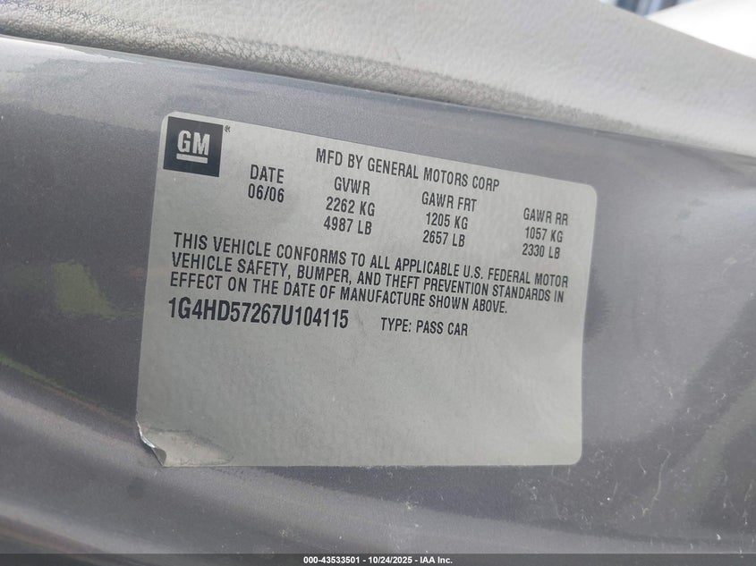 2007 Buick Lucerne Cxl VIN: 1G4HD57267U104115 Lot: 43533501