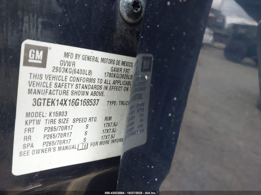 2006 GMC Sierra 1500 Work Truck VIN: 3GTEK14X16G168537 Lot: 43533564