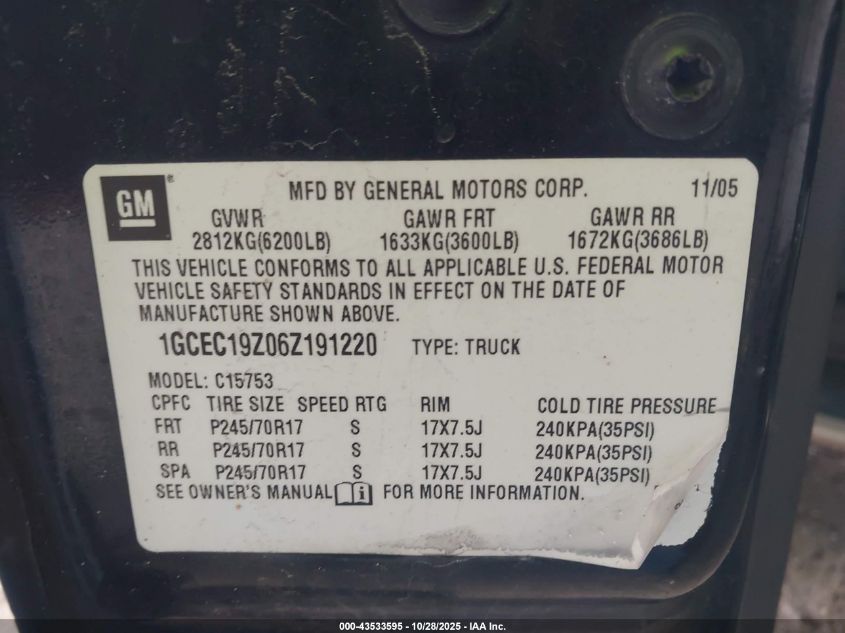 2006 Chevrolet Silverado 1500 Lt1 VIN: 1GCEC19Z06Z191220 Lot: 43533595