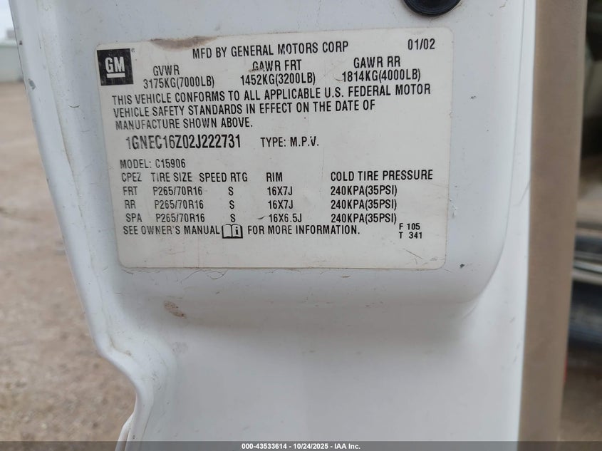 2002 Chevrolet Suburban 1500 Lt VIN: 1GNEC16Z02J222731 Lot: 43533614