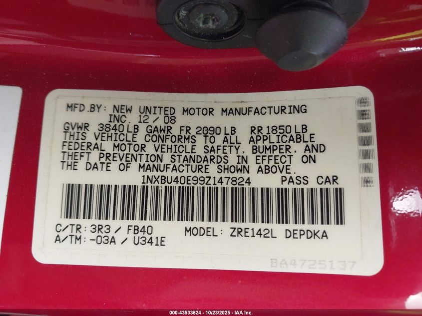 2009 Toyota Corolla Le VIN: 1NXBU40E99Z147824 Lot: 43533624