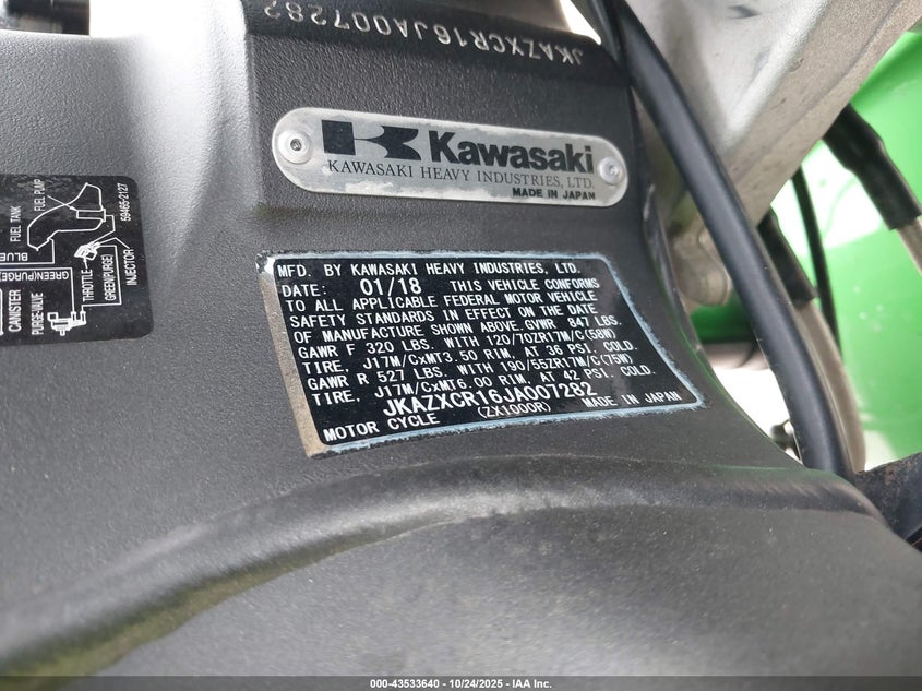 2018 Kawasaki Zx1000 R VIN: JKAZXCR16JA007282 Lot: 43533640
