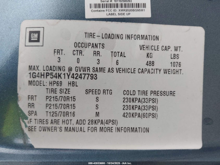 2000 Buick Lesabre Custom VIN: 1G4HP54K1Y4247793 Lot: 43533688