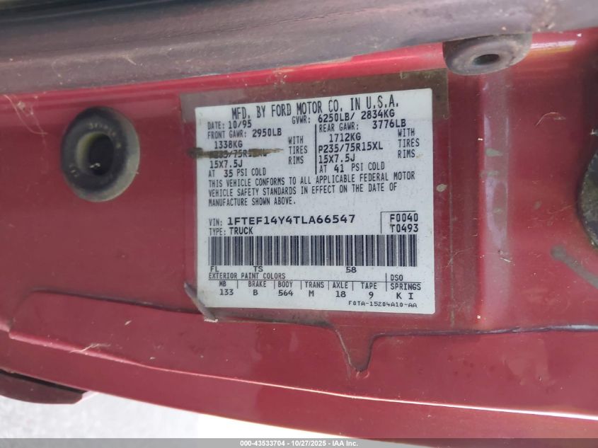 1996 Ford F150 VIN: 1FTEF14Y4TLA66547 Lot: 43533704