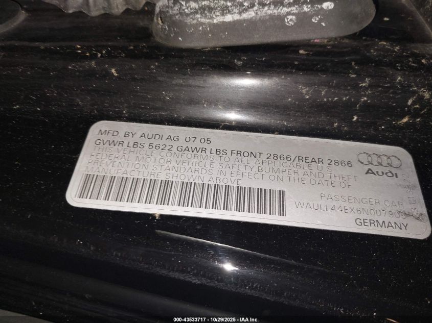 2006 Audi A8 4.2 VIN: WAULL44EX6N007905 Lot: 43533717