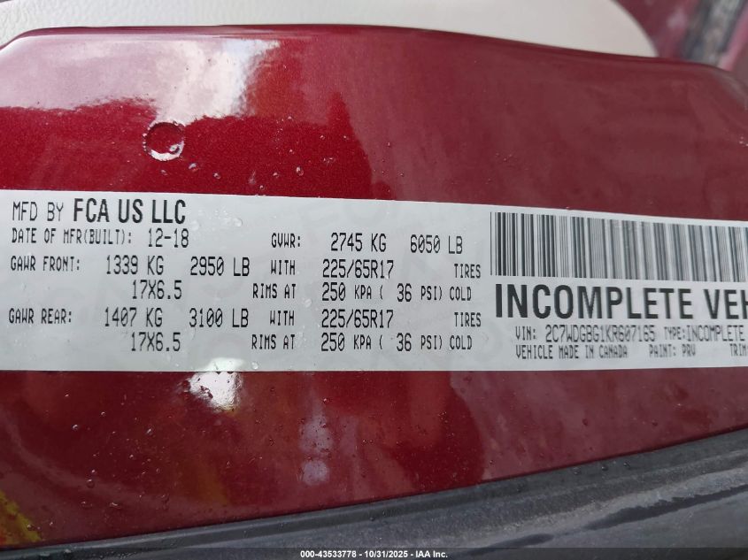 2019 Dodge Grand Caravan Se VIN: 2C7WDGBG1KR607165 Lot: 43533778