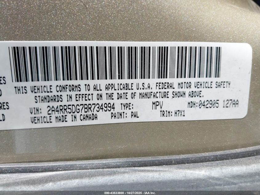 2011 Chrysler Town & Country Touring VIN: 2A4RR5DG7BR734994 Lot: 43533808