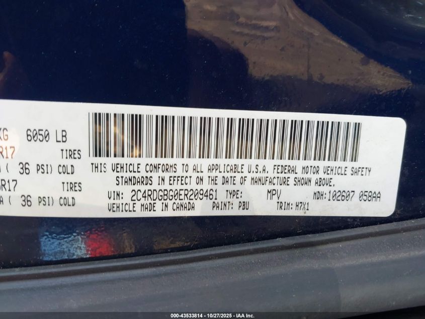 2014 Dodge Grand Caravan Se VIN: 2C4RDGBG0ER209461 Lot: 43533814