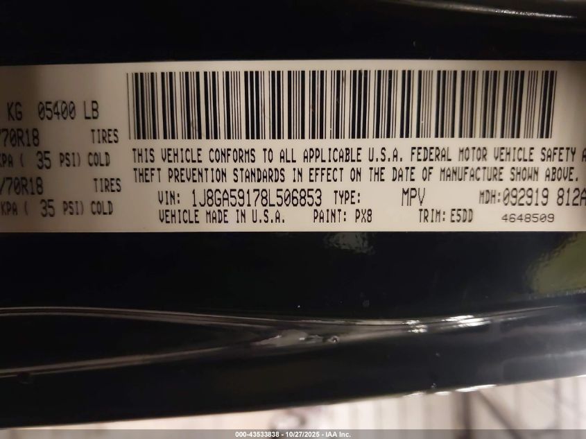 2008 Jeep Wrangler Unlimited Sahara VIN: 1J8GA59178L506853 Lot: 43533838