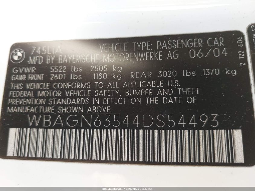 2004 BMW 745Li VIN: WBAGN63544DS54493 Lot: 43533844