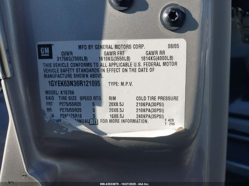 2006 Cadillac Escalade Standard VIN: 1GYEK63N36R121095 Lot: 43533878