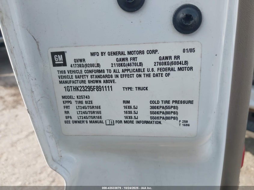 2005 GMC Sierra 2500Hd Slt VIN: 1GTHK23295F891111 Lot: 43533879