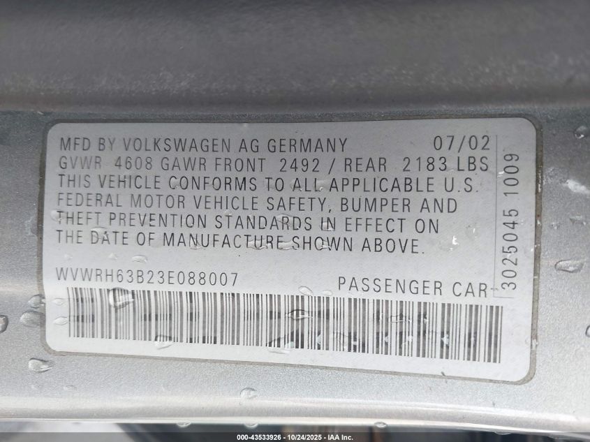 2003 Volkswagen Passat Glx VIN: WVWRH63B23E088007 Lot: 43533926