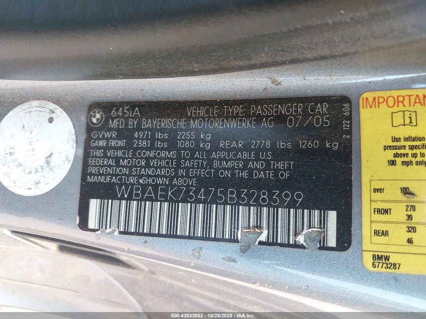 2005 BMW 645Ci VIN: WBAEK73475B328399 Lot: 43533952