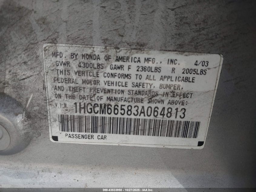 2003 Honda Accord 3.0 Ex VIN: 1HGCM66583A064813 Lot: 43533958