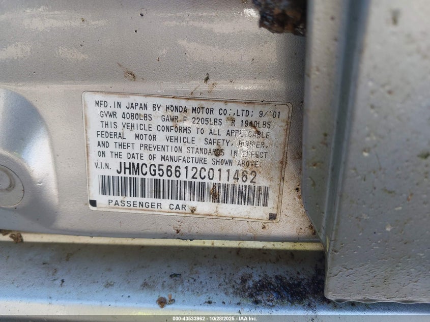 JHMCG56612C011462 2002 HONDA ACCORD photo no. 9