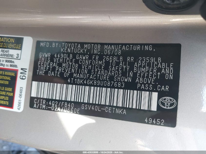 2009 Toyota Camry Le V6 VIN: 4T1BK46K89U087683 Lot: 43533999