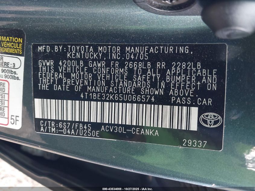 2005 Toyota Camry Le VIN: 4T1BE32K65U066574 Lot: 43534008