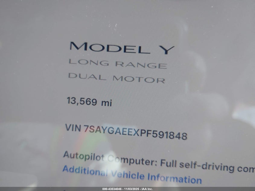 2023 Tesla Model Y VIN: 7SAYGAEEXPF591848 Lot: 43534046