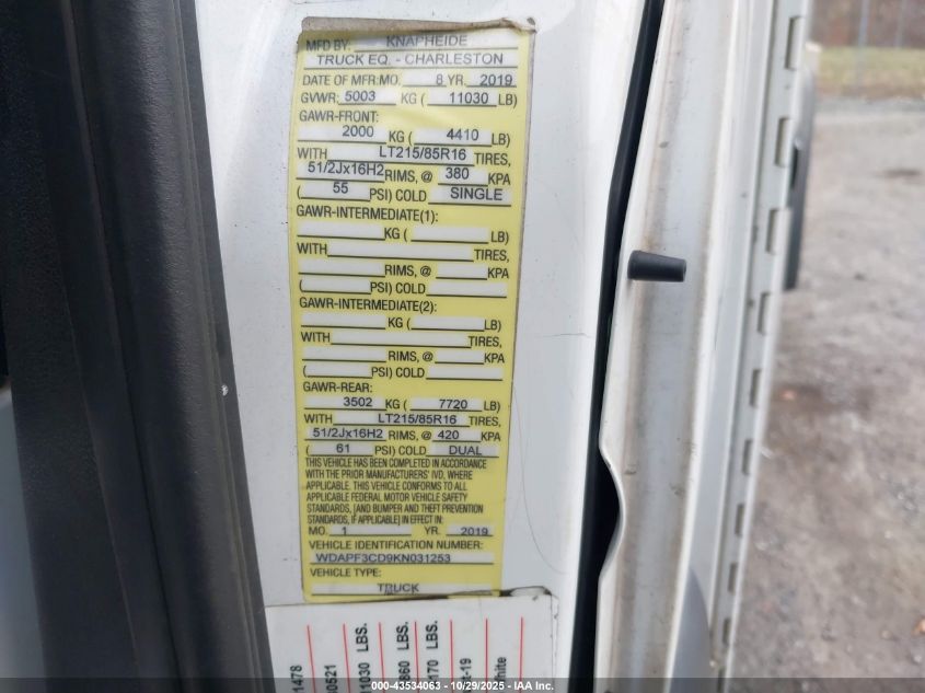 2019 Mercedes-Benz Sprinter 3500Xd Standard Roof V6 VIN: WDAPF3CD9KN031253 Lot: 43534063