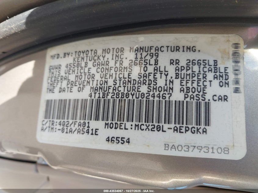 4T1BF28B0YU024467 2000 TOYOTA AVALON photo no. 9
