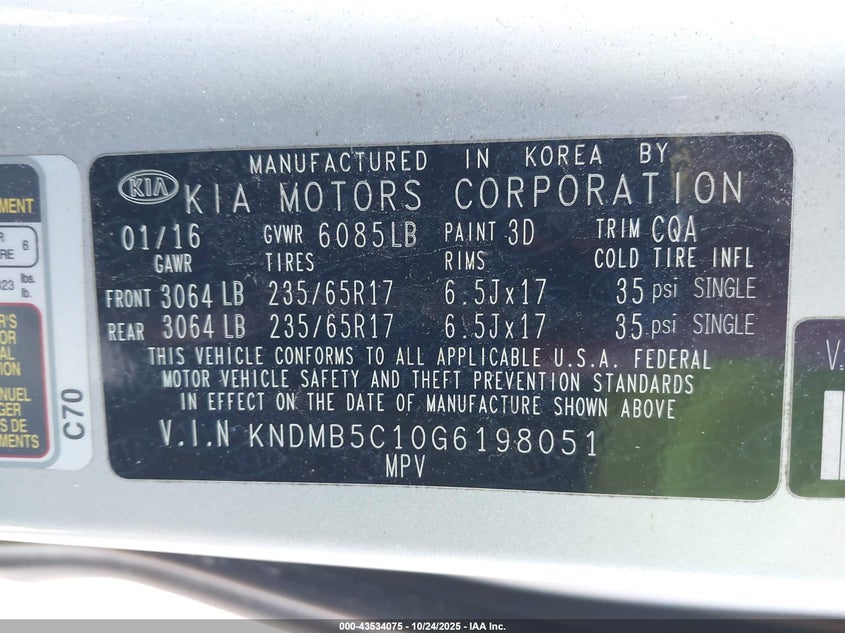 2016 KIA SEDONA LX KNDMB5C10G6198051