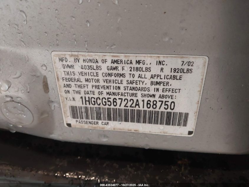 2002 Honda Accord 2.3 Se VIN: 1HGCG56722A168750 Lot: 43534077