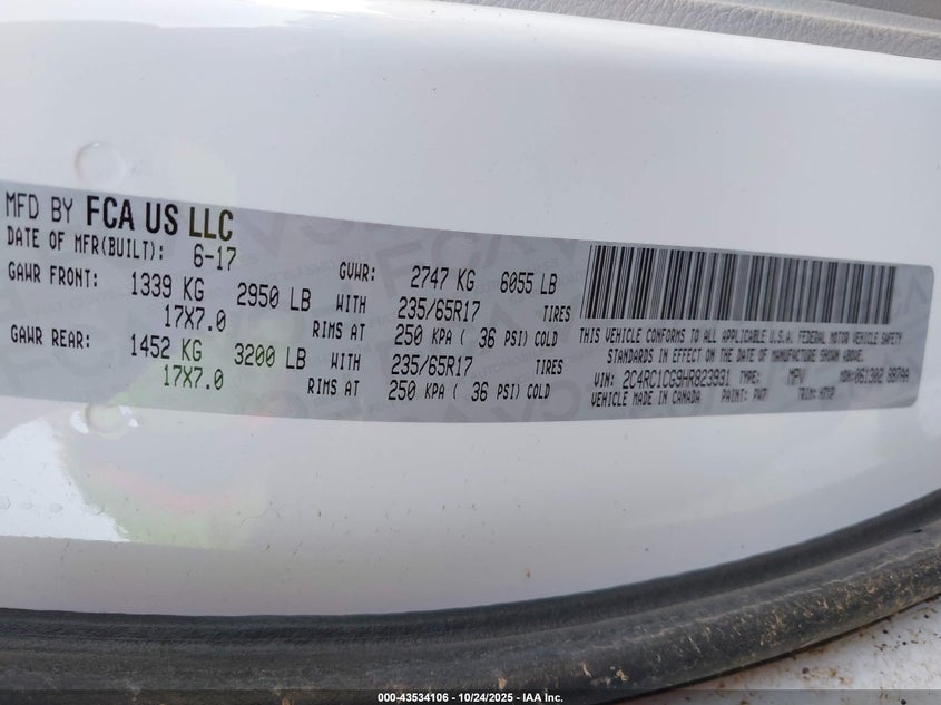 VIN 2C4RC1CG9HR823931 2017 CHRYSLER PACIFICA LX