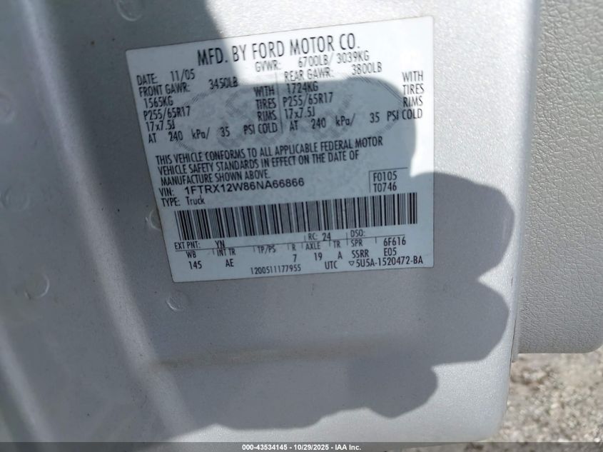 2006 Ford F-150 Stx/Xl/Xlt VIN: 1FTRX12W86NA66866 Lot: 43534145