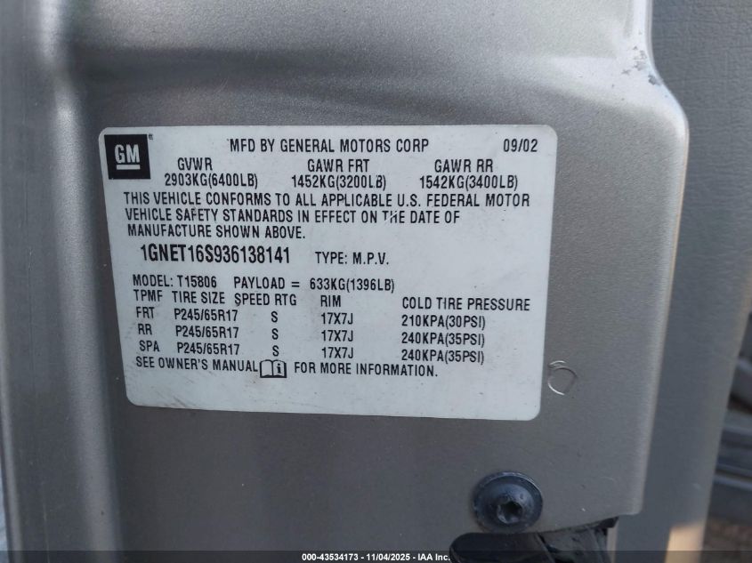 2003 Chevrolet Trailblazer Ext Lt VIN: 1GNET16S936138141 Lot: 43534173