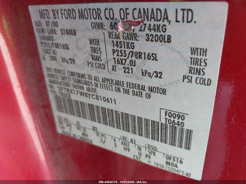 2000 Ford F-150 VIN: 2FTRX17W8YCB10611 Lot: 43534175