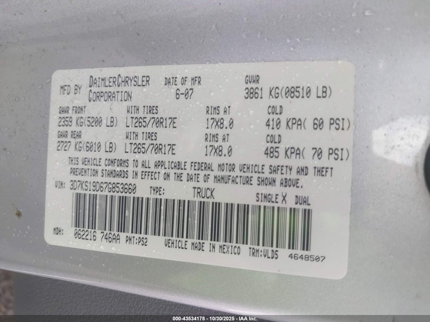 2007 Dodge Ram 1500 Laramie VIN: 3D7KS19D67G853660 Lot: 43534178
