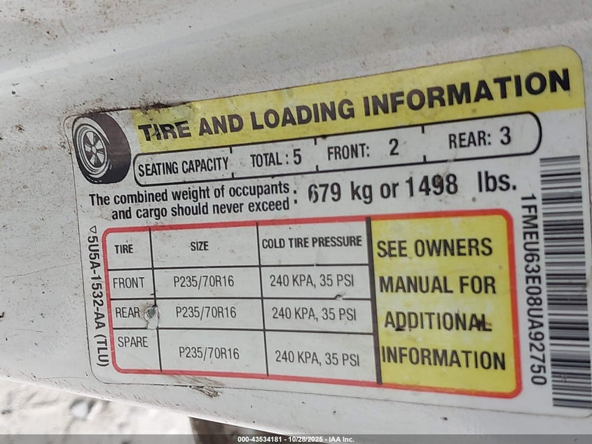 2008 Ford Explorer Xlt VIN: 1FMEU63E08UA92750 Lot: 43534181