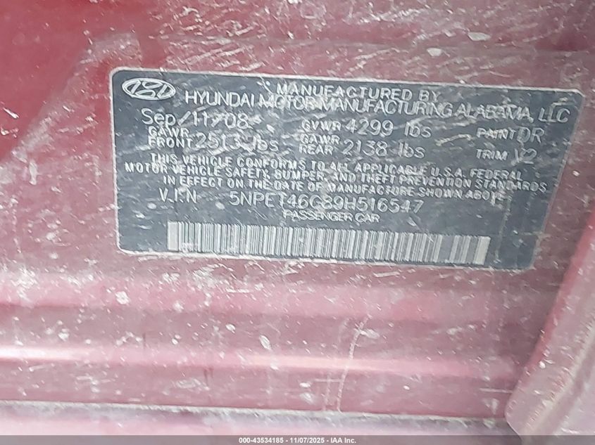 2009 Hyundai Sonata Gls VIN: 5NPET46C89H516547 Lot: 43534185