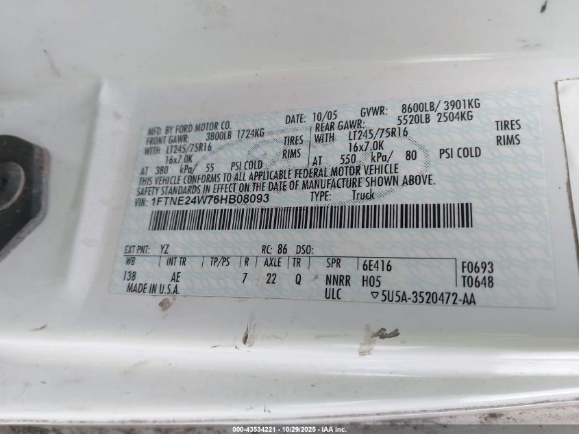 2006 Ford E-250 Commercial/Recreational VIN: 1FTNE24W76HB08093 Lot: 43534221