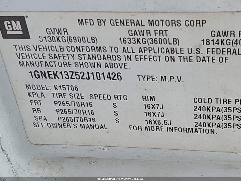 2002 Chevrolet Tahoe Lt VIN: 1GNEK13Z52J101426 Lot: 43534228