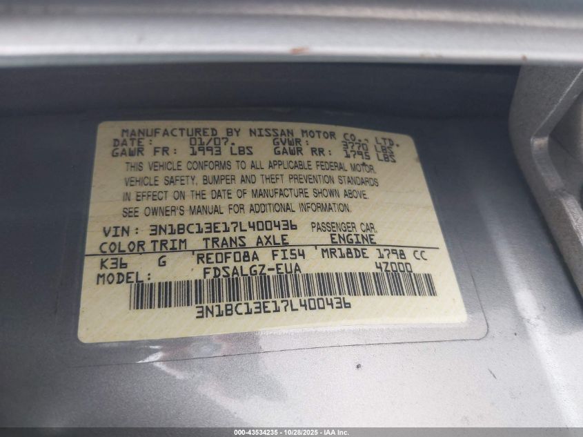 2007 Nissan Versa 1.8Sl VIN: 3N1BC13E17L400436 Lot: 43534235