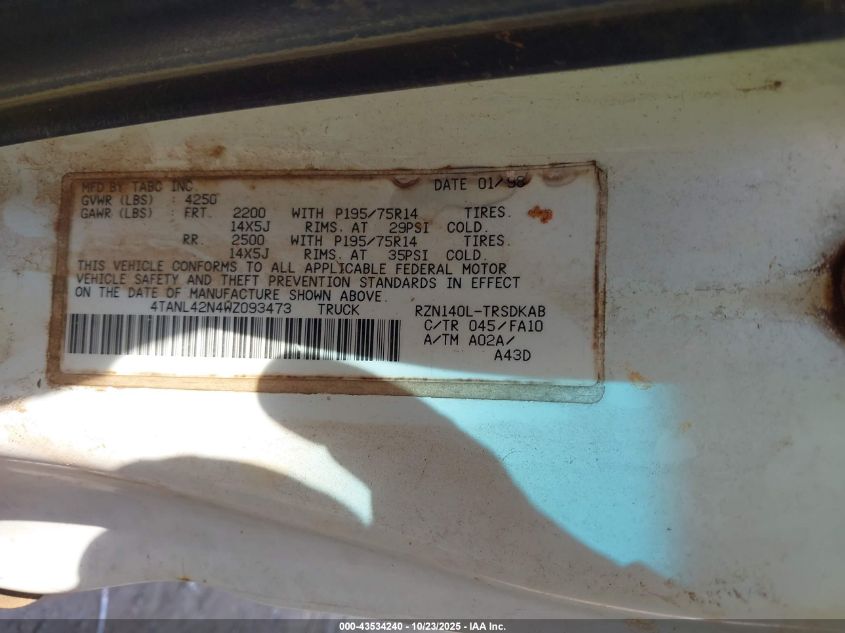 1998 Toyota Tacoma VIN: 4TANL42N4WZ093473 Lot: 43534240