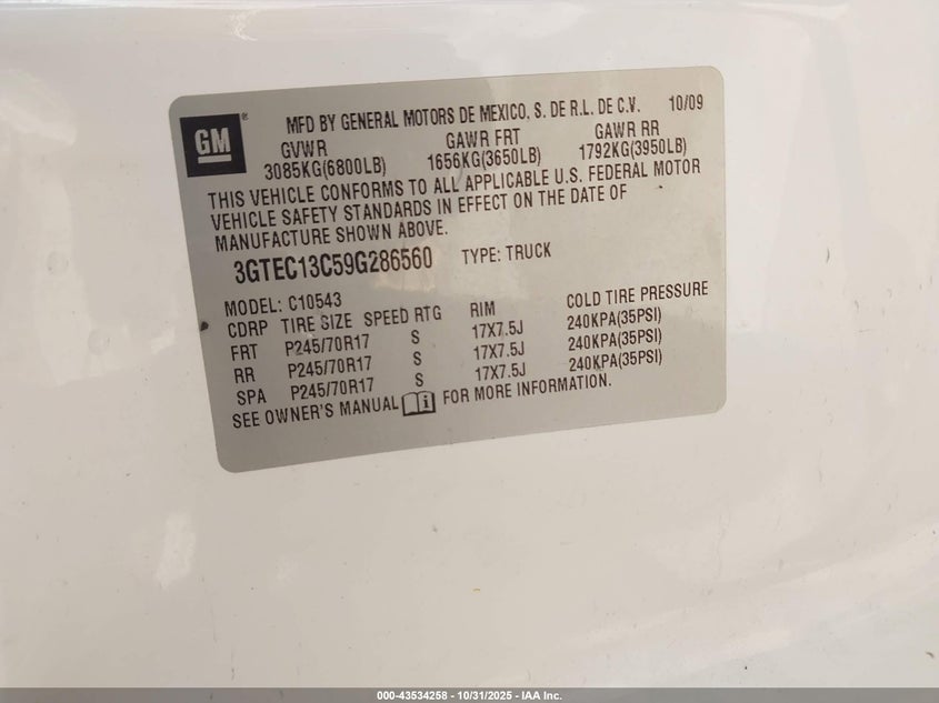 2009 GMC Sierra 1500 Sl VIN: 3GTEC13C59G286560 Lot: 43534258